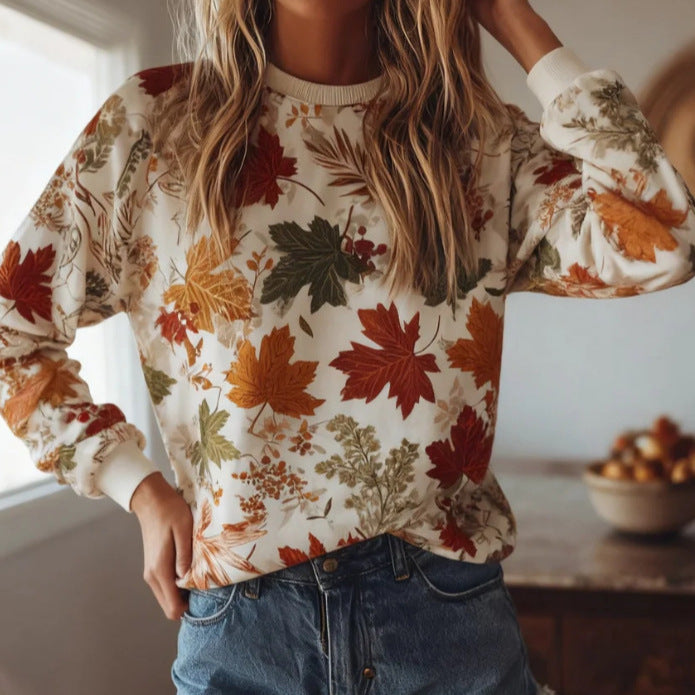 Womens Breathable Casual Long-Sleeve Crew-Neck Sweatshirt With Maple Leaf Print